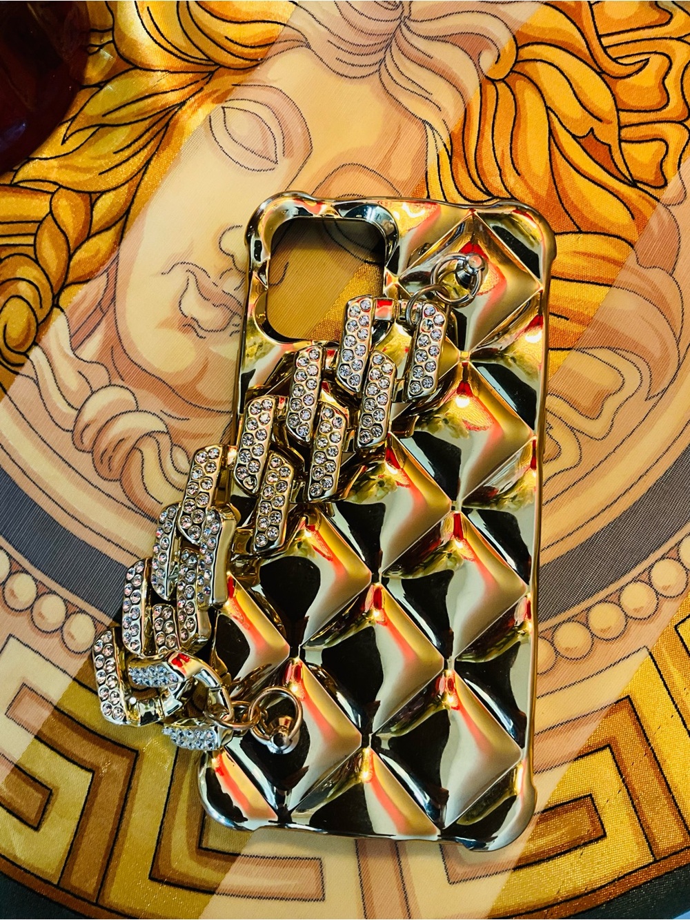 Gold Quilted Rhinestone Chain Phone Case - Compatible I Phone 12 Accessory - Picture 2 of 9